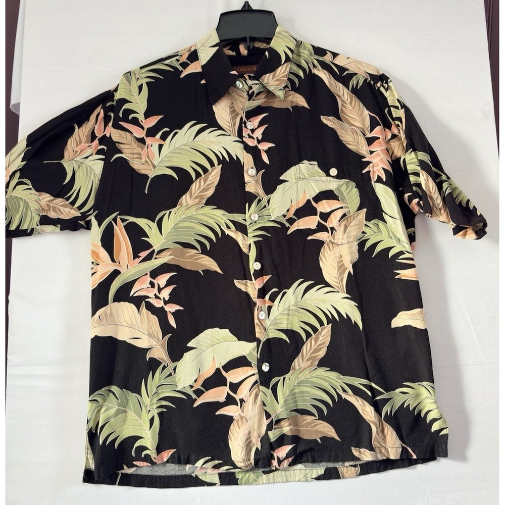 Tory Richard Men Casual Button Down Black/Green Shirt Short Sleeve Hawaiian Med